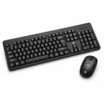 Black HP 200 wireless keyboard and mouse combo shown at an angle on a white background