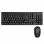 Top view of the black HP 200 wireless keyboard with numeric keypad and matching mouse