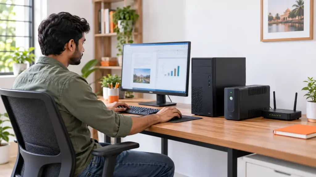 Home office desk with a computer, monitor, router and compact UPS.