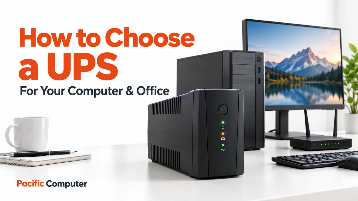 UPS beside a desktop computer and router with the heading How to Choose a UPS.