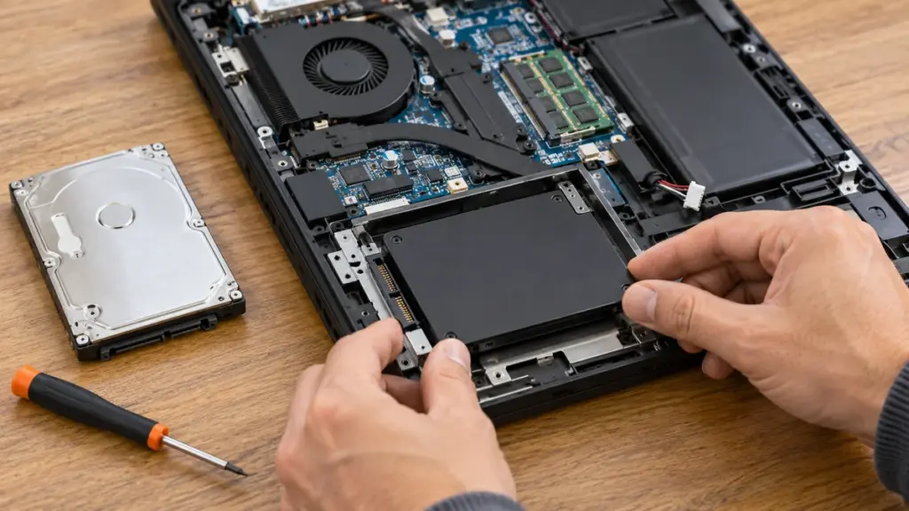 Technician replacing a laptop hard drive with a SATA SSD