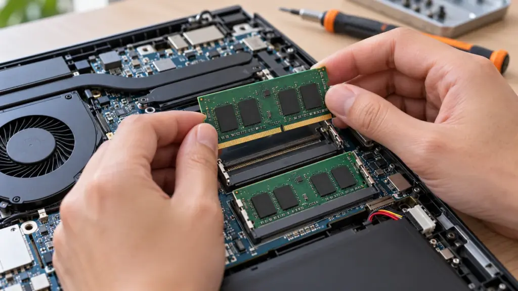 Technician installing a RAM module in an open laptop