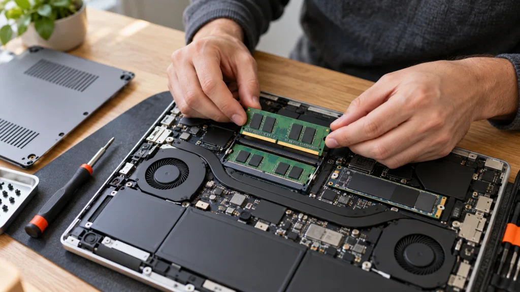 Technician upgrading the SSD and RAM in a laptop