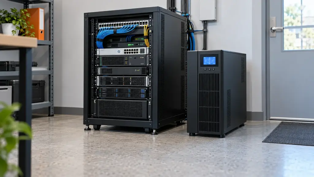 Tower UPS beside a server rack and networking equipment in an office.