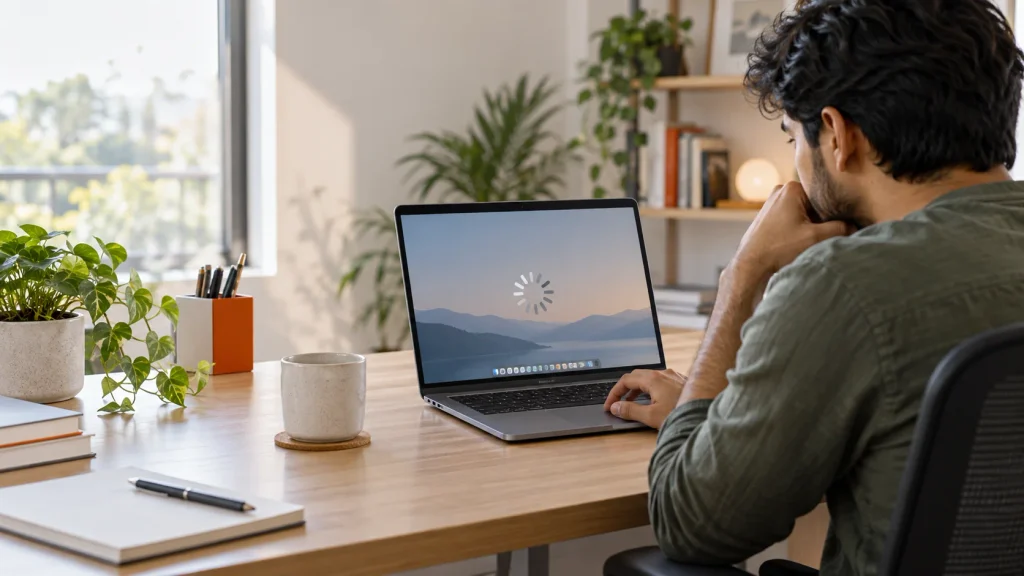 Person checking a slow laptop at a desk