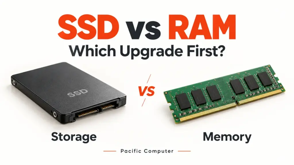 SSD and RAM module side by side for a computer upgrade comparison