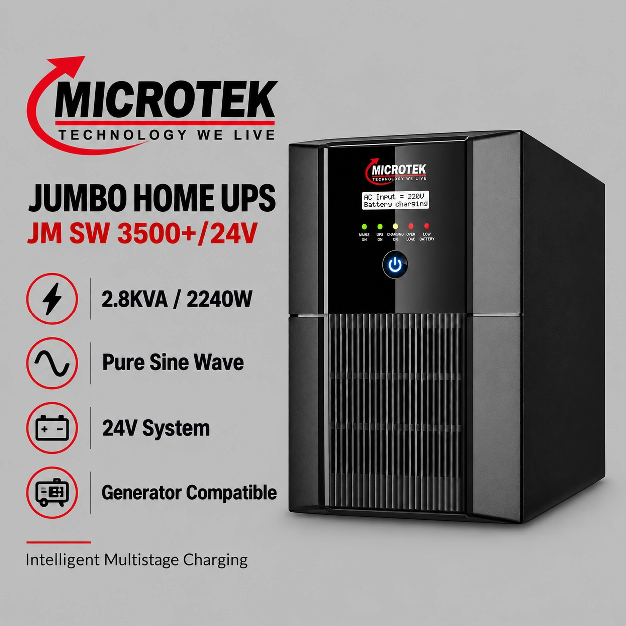 Microtek JUMBO HOME UPS JM SW 3500+/24V – 2.8KVA Pure Sine Wave