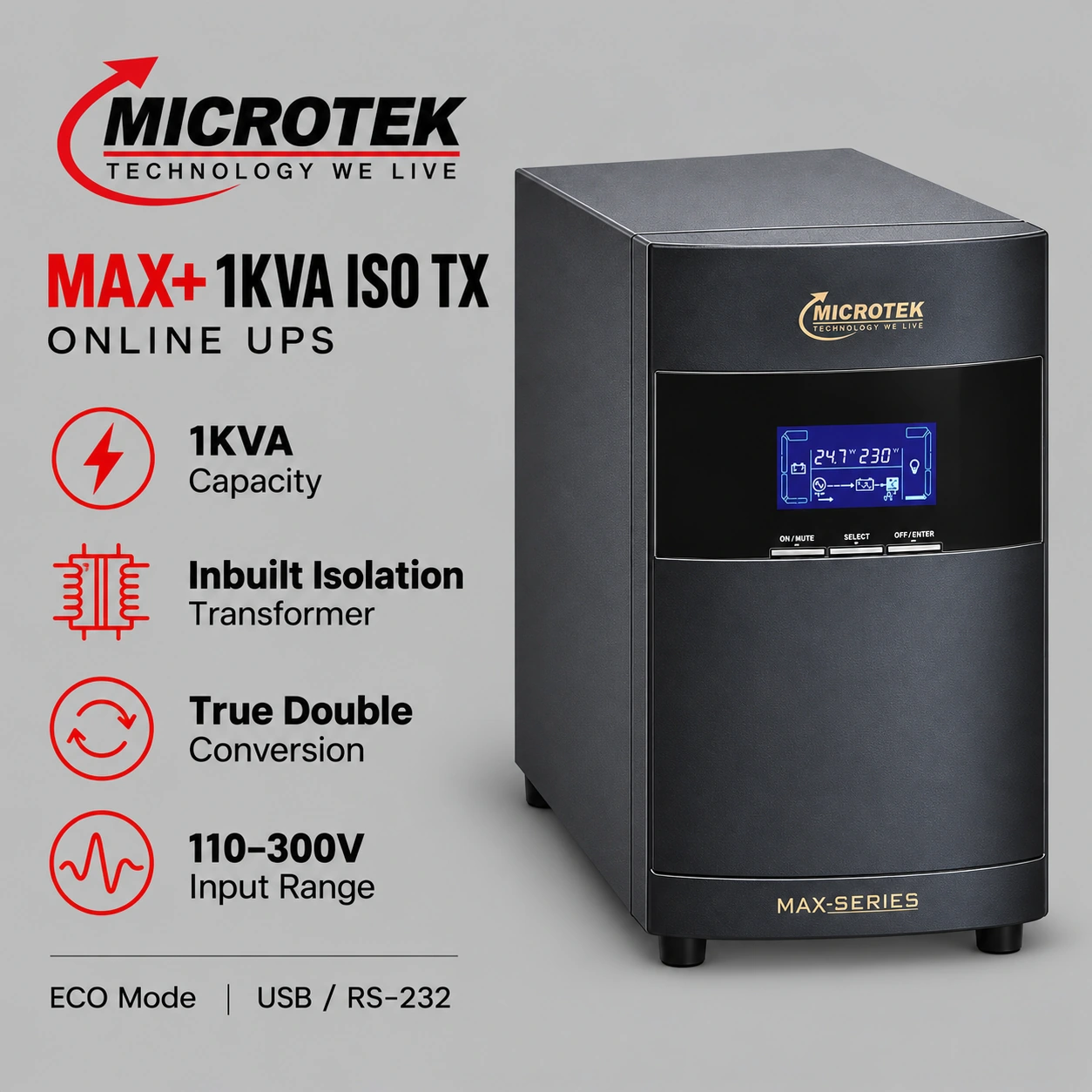 Microtek MAX+ 1KVA ISO TX Online UPS with Inbuilt Isolation Transformer