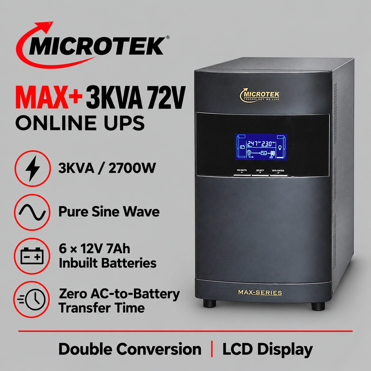Microtek MAX+ 3KVA 72V Online UPS – 2700W with Inbuilt Batteries